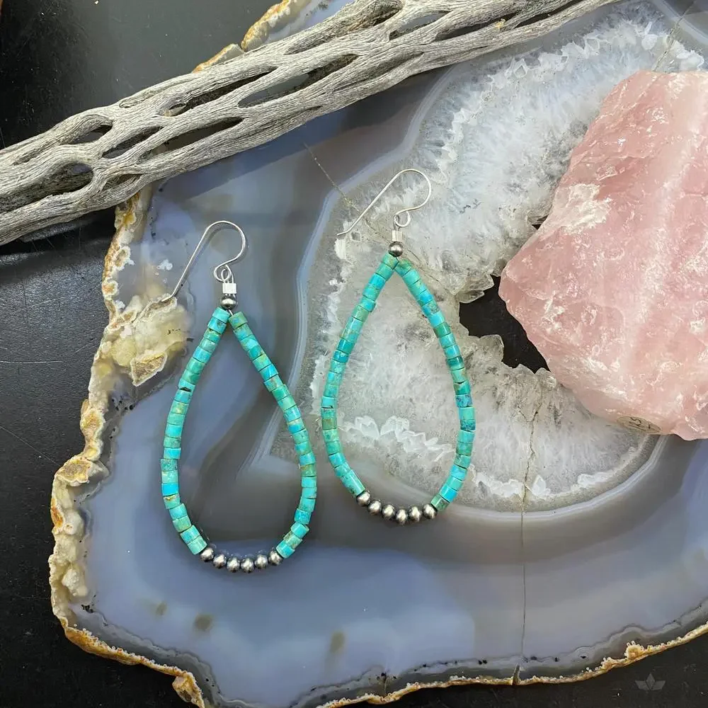 Sterling Turquoise Beads and Navajo Pearl Beads Hoop Earrings For Women - Picture 3 of 10